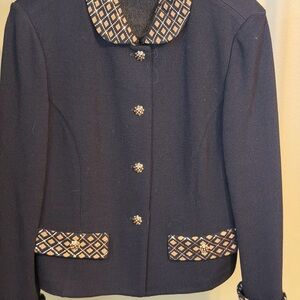 St. John Black Knit Blazer with Diamond Trim and Floral Buttons